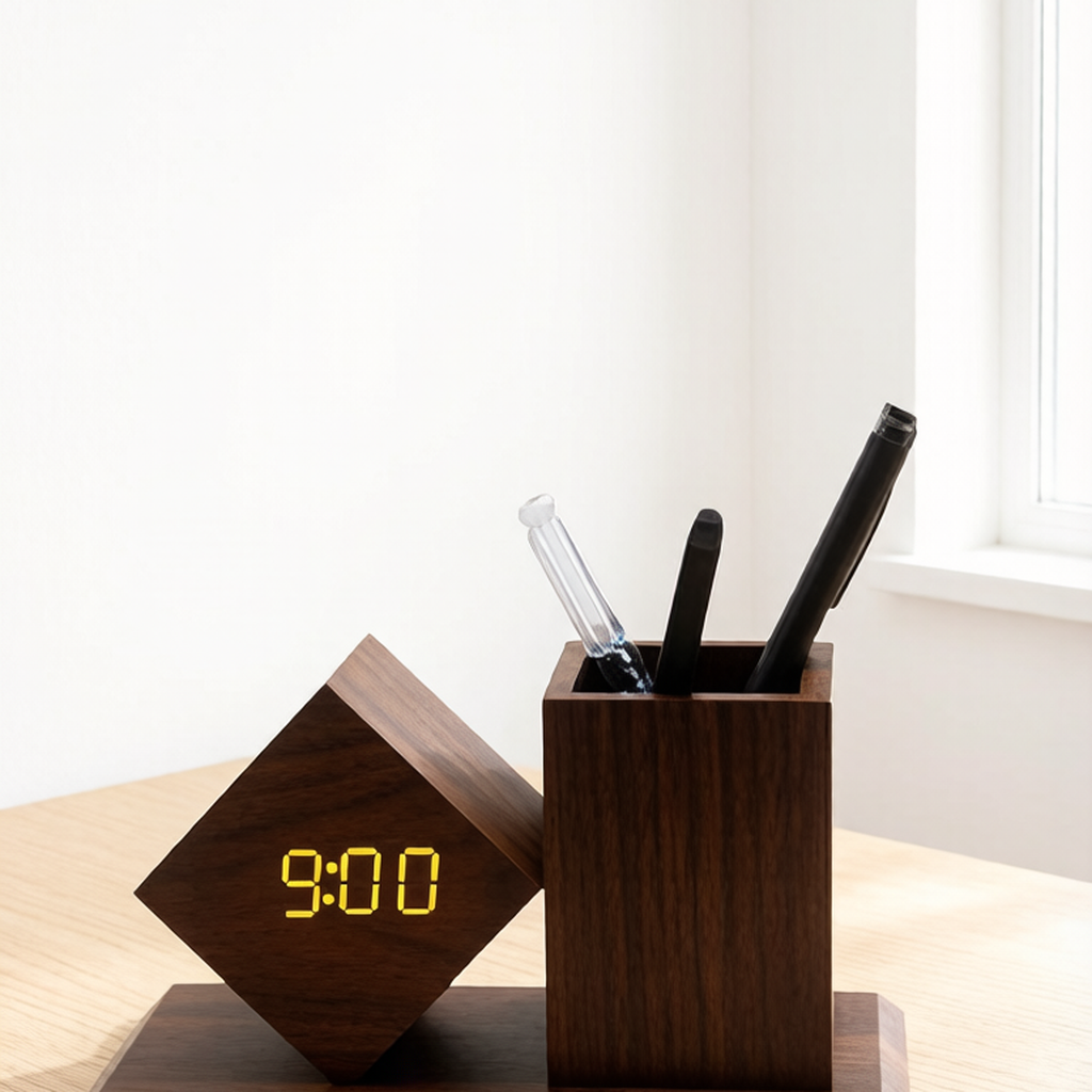 Wood LED Pen Holder Clock