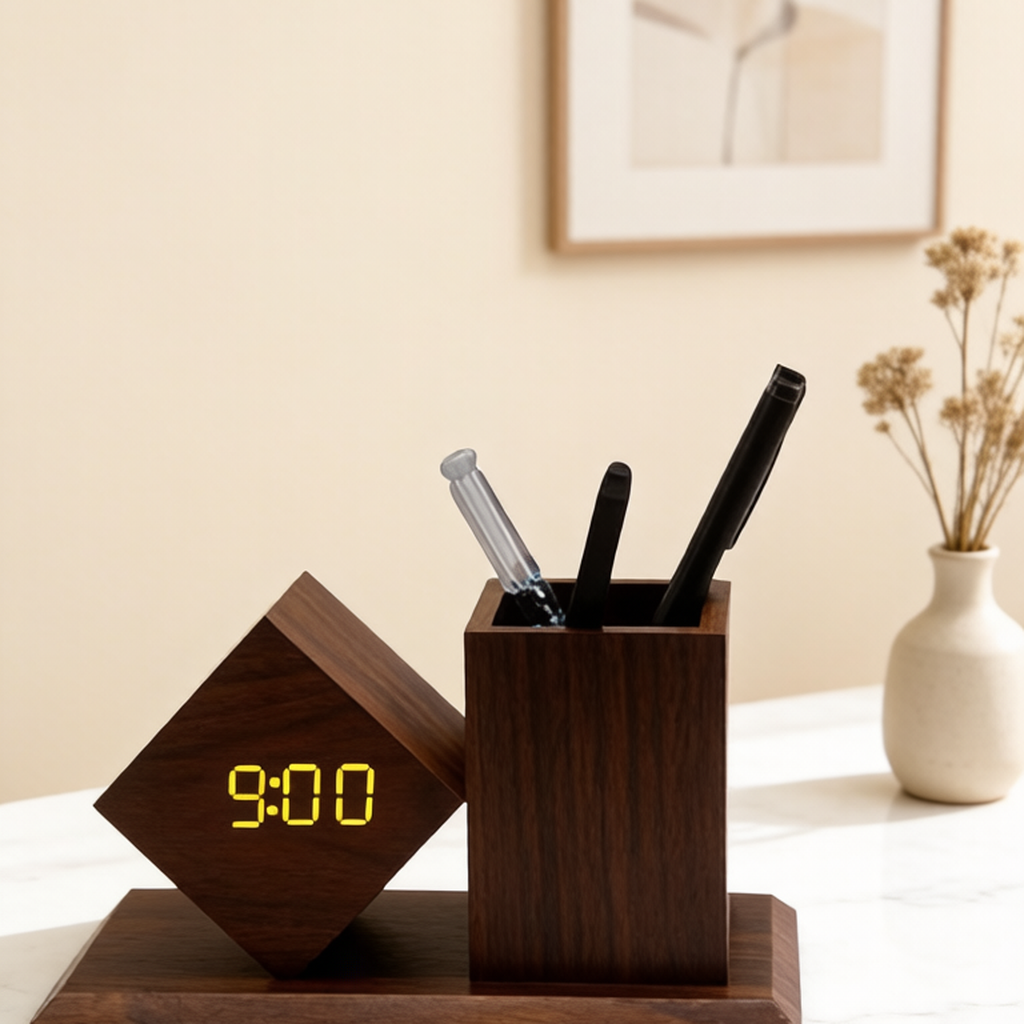 Wood LED Pen Holder Clock